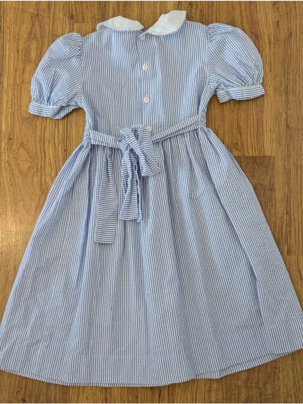 Vintage Sophie Dess Blue & White Striped Smocked Dress With Peter Pan Collar & P